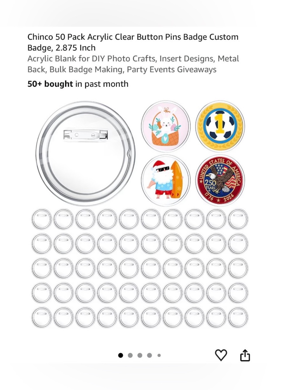 Clear Acrylic Button Pins 50-Pack - Transparent